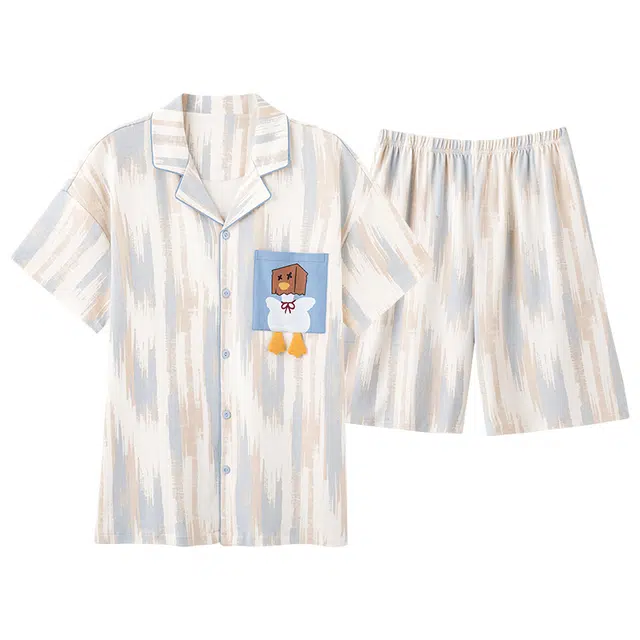 夏芬妍 柔软舒适卡通小鸭纯棉翻领家居服休闲舒适短袖时尚可外穿睡衣套装 男女同款