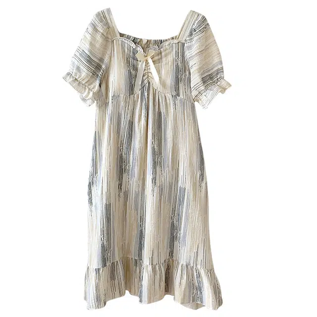 俞兆林 条纹甜美蝴蝶结带胸垫中长款短袖睡裙 女款