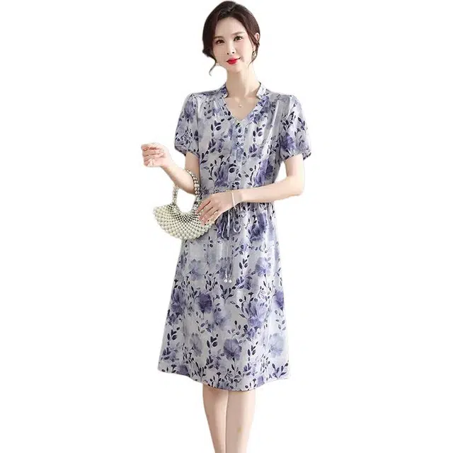 雅鹿 妈妈装修身气质优雅短袖连衣裙 女款