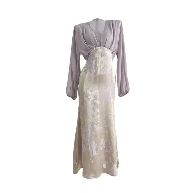 敲模女孩 新中式国风长裙假两件网纱撞色拼接提花缎面长袖连衣裙 女款