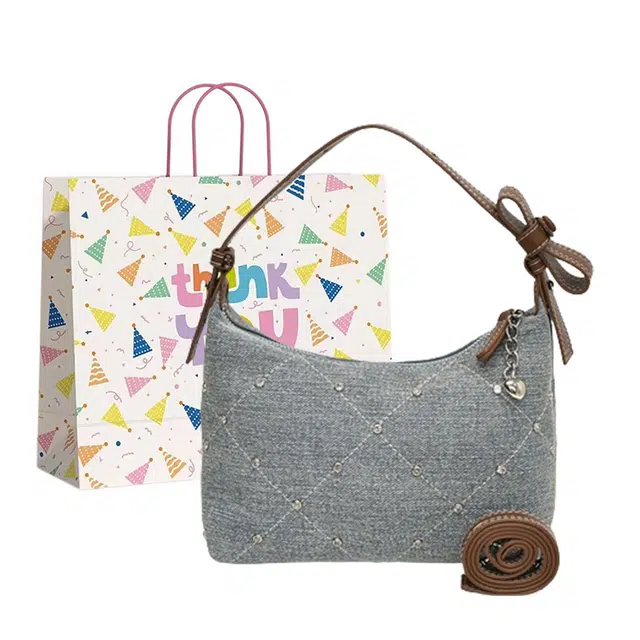 三只小鸭 休闲百搭蝴蝶结百搭 牛仔布 单肩包 女款 棕色/银色