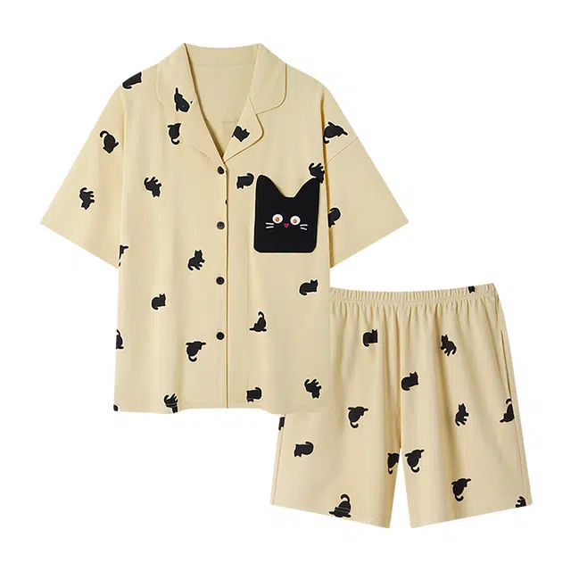 莫代尔 舒适亲肤透气翻领开衫柔软细腻时尚百搭大方短袖上衣无束缚家居服可外穿三分裤睡衣套装 女款