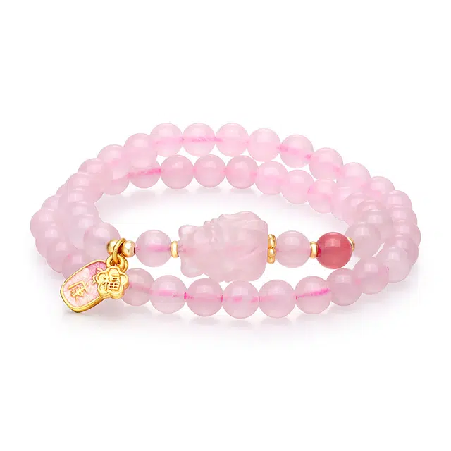 【粉晶逃之夭夭】 金六福吉祥 新中式国潮小众设计高级感粉色招桃花助力脱单转运珠手饰 增强爱情运势优雅日常百搭#好运天然 粉水晶 手串 女款