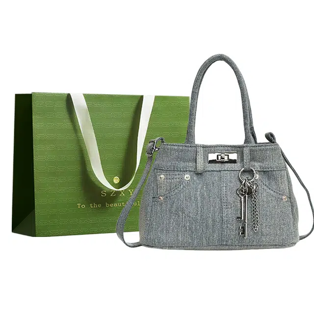 三只小鸭 简约复古通勤时尚百搭斜挎小拎包手提包 牛仔布 单肩包 女款 浅蓝色/深蓝色