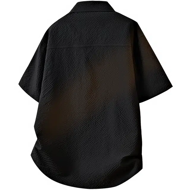 依文 日系学院风简约纯色泡泡格子肌理感设计高级百搭宽松落肩翻领短袖衬衫 男女同款