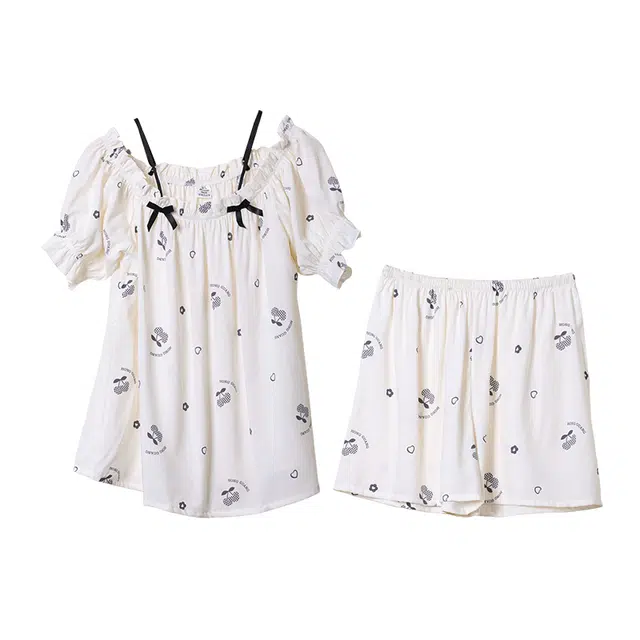 缪斯的诱惑 凉感透气轻盈丝滑小清新吊带易打理小性感贴身居家短裤短袖百搭舒适可爱睡衣套装 女款