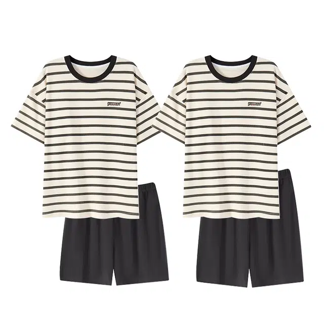 俏韵 条纹薄款带胸垫休闲家居服睡衣套装 男女同款