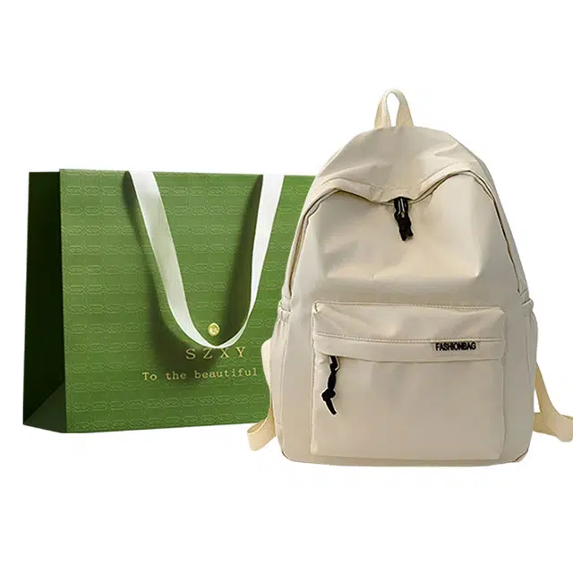 三只小鸭 大学生简约文艺初中生护脊百搭高中生背包 布 双肩包 男女同款情侣款 米白色/黑色/桔红色/紫罗兰/黄色/绿色/蓝色/粉色