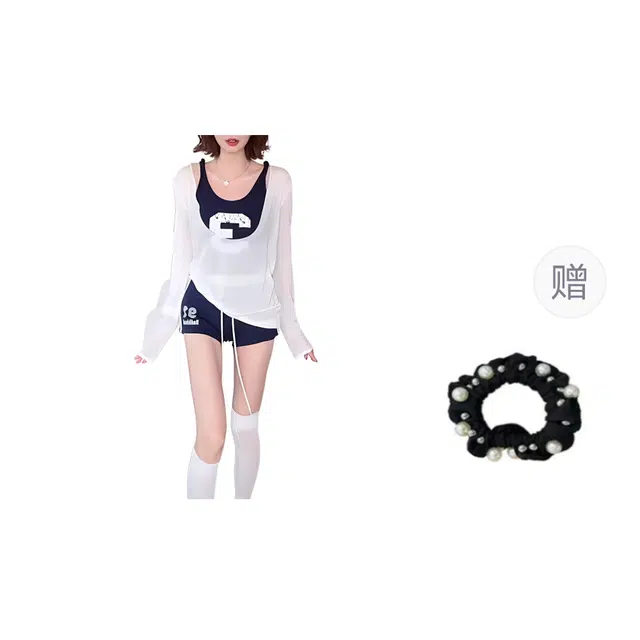 雾闪闪 美式辣妹印花数字配胸垫背心高腰显瘦刺绣字母短裤长袖罩衫运动休闲套装 女款