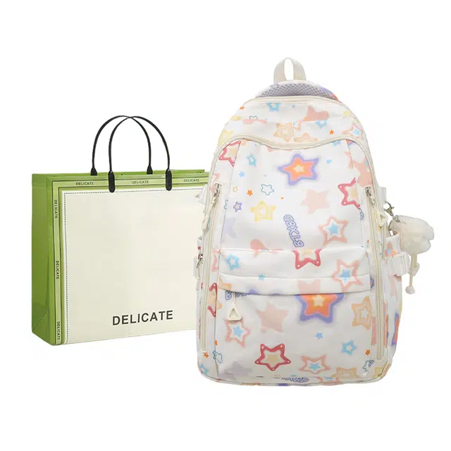 芭菲尼 小清新满印花图案初中高中学生多层 尼龙 书包背包双肩包 女款 白色/黑色/黄色/粉色