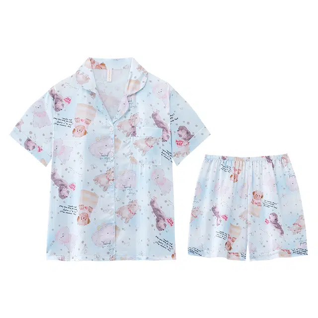 好福份 短袖卡通可爱动物图案满印夏季睡衣套装 女款