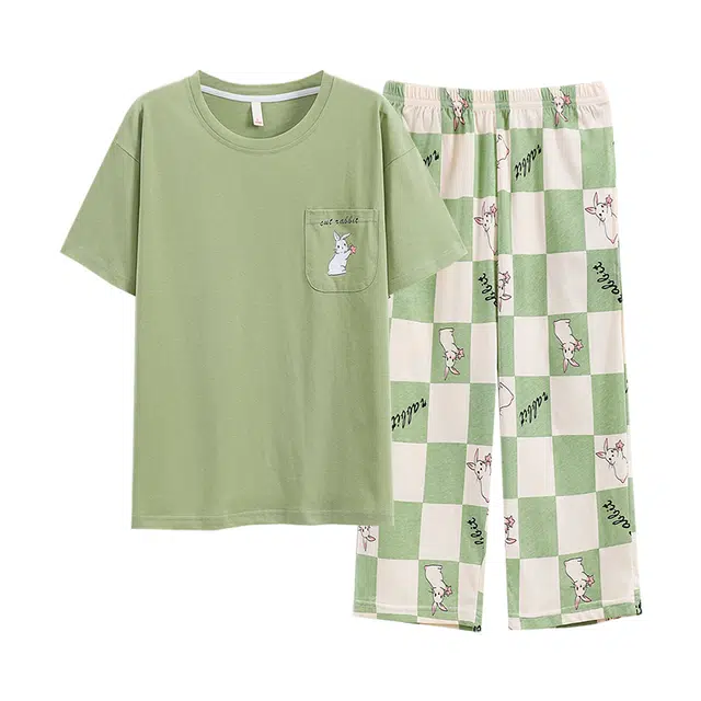 黛尔佳人 短袖七分裤清新舒适简约时尚圆领夏季睡衣套装 女款