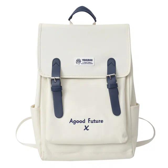 芭菲尼 简约日系女初中生高颜值翻盖学院校园大学生小众背包 牛津布 双肩包 男女同款情侣款 米白/黑色/深蓝色