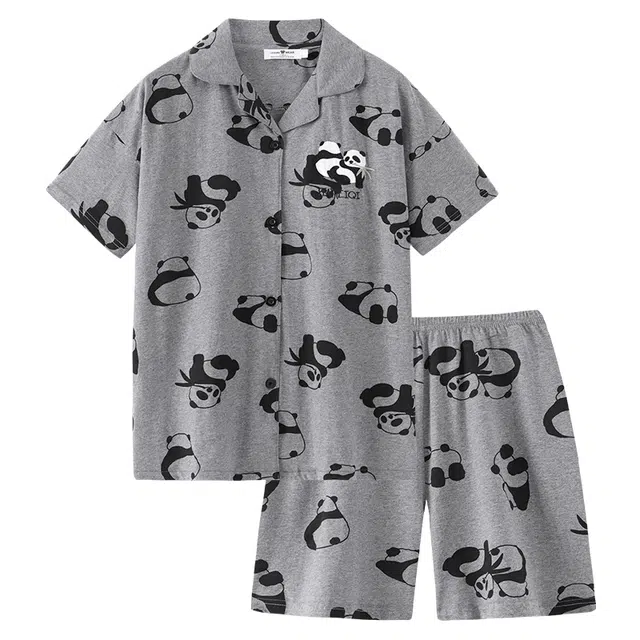 好福份 薄款翻领开衫卡通熊猫休闲简约可外穿家居服夏季睡衣套装 男女同款