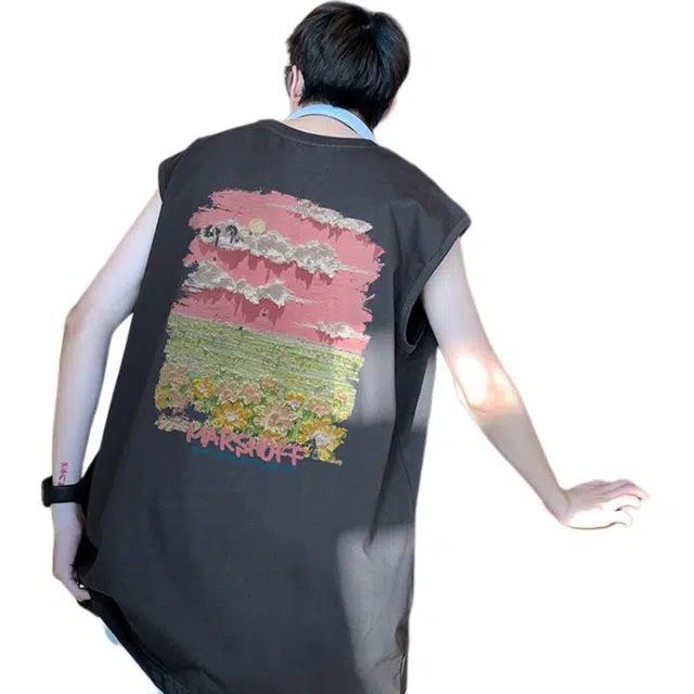 袋鼠 背面多巴胺油画风景创意印花设计高街氛围感清爽透气休闲百搭宽松时尚纯棉背心 男女同款