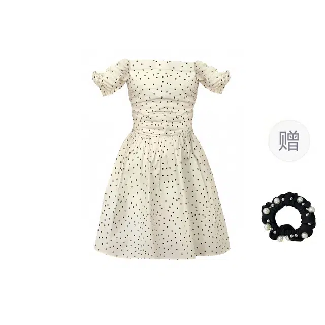雾闪闪 法式小众设计感波点高腰长裙飞飞袖短袖连衣裙 女款