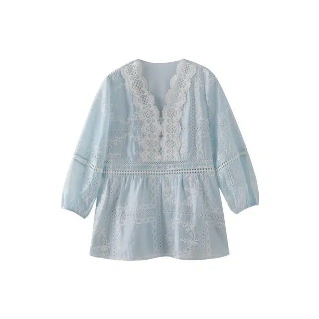 花栗鼠小姐 澳法庄园 法式度假感镂空绣花长袖衬衫 女款