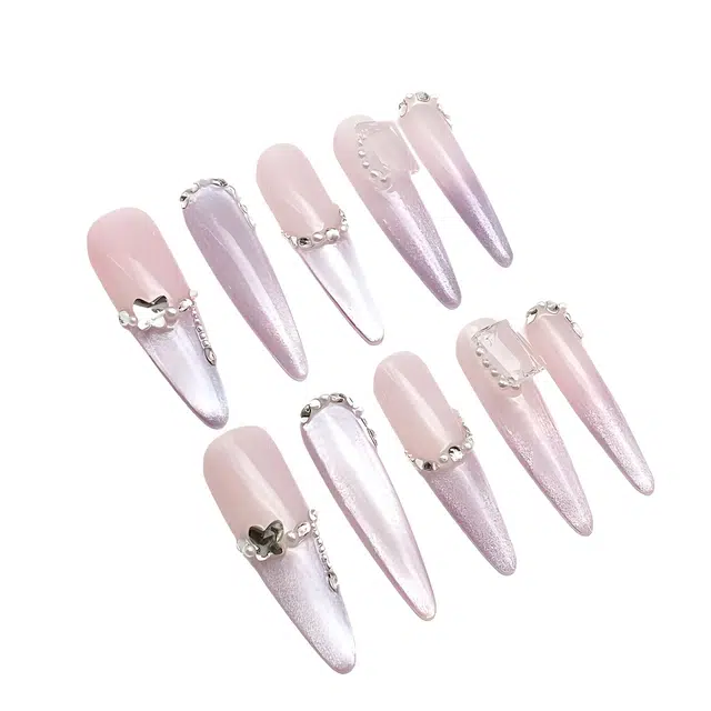 计轩 纯手工  穿戴甲 长款粉紫色渐变 亮片