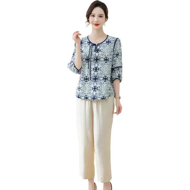 雅鹿 妈妈装通勤洋气圆领五分袖雪纺衫 女款