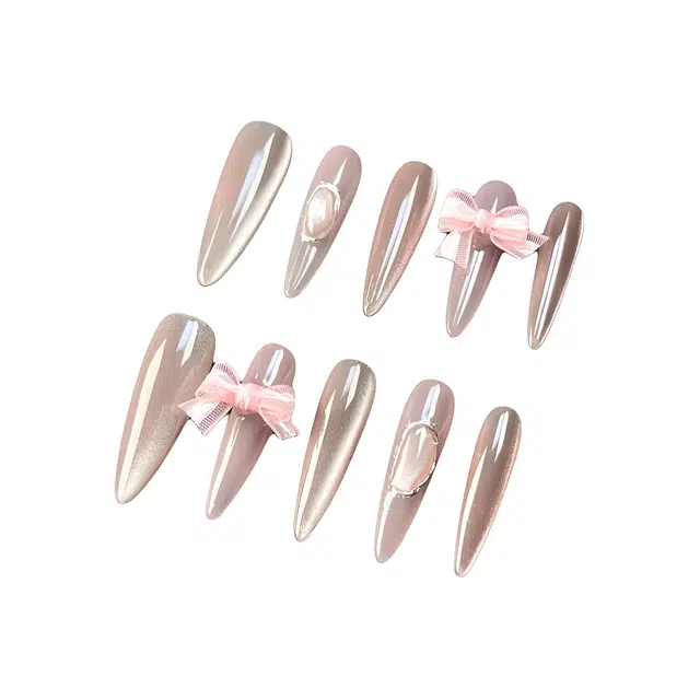 计轩 气质蝴蝶结猫眼氛围感  穿戴甲 长款粉色渐变 纯欲