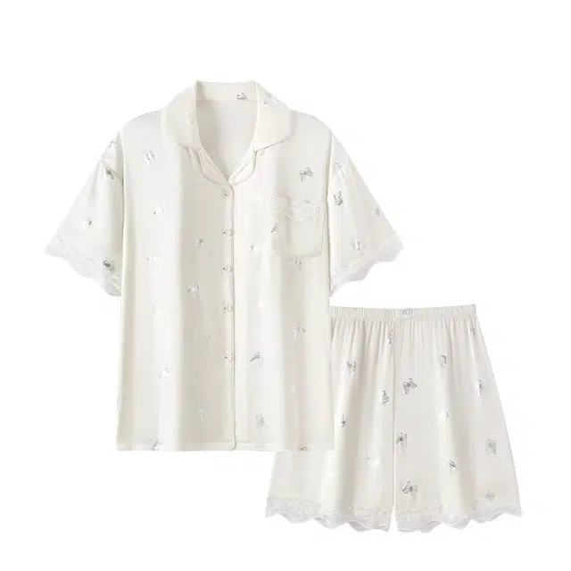 俏韵 翻领冰雪丝蝴蝶印花短袖薄款可爱甜美家居服可外穿夏季睡衣套装 女款