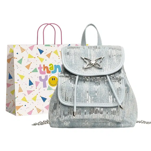 三只小鸭 时尚小众设计潮流百搭蝴蝶结 牛仔布 双肩包 女款 蓝色