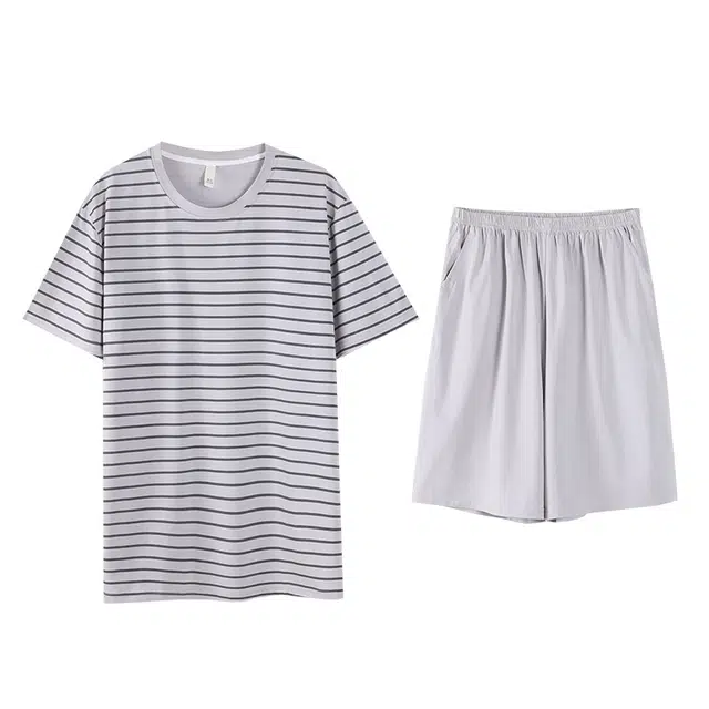 顶瓜瓜 短袖休闲舒适清新韩版条纹简约两件套家居服睡衣套装 男款