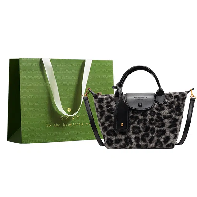 三只小鸭 豹纹时尚潮流 毛绒 手提包 女款 灰/黑/绿/咖