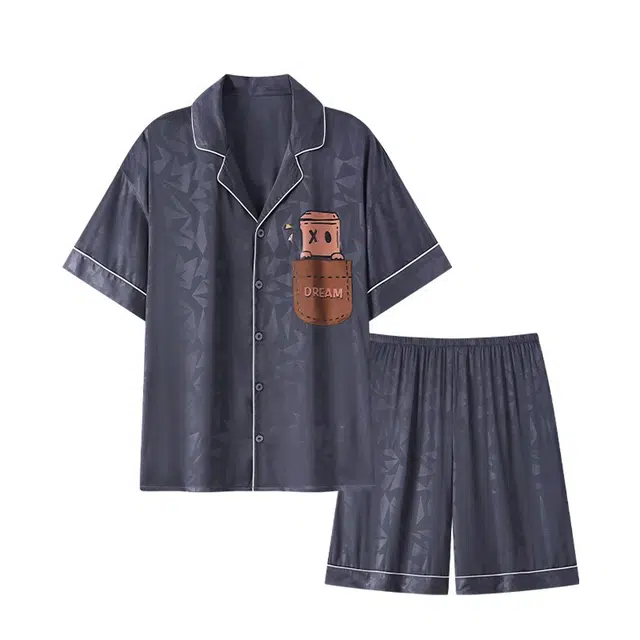 俏韵 翻领短袖卡通凉感丝绸家居服可外穿睡衣套装 男款