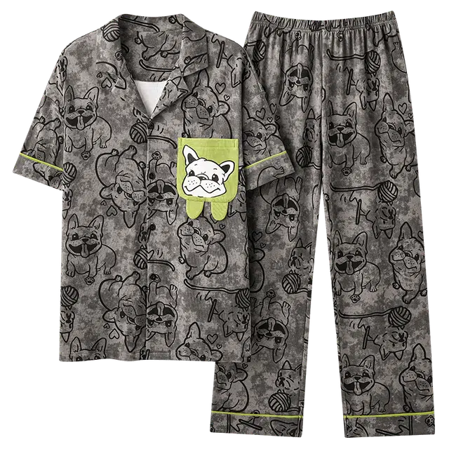 俏韵 翻领卡通动漫简约舒适上衣松紧腰长裤睡衣套装 男款