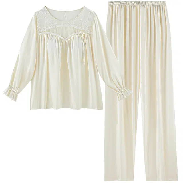 好福份 带胸垫长袖韩式风蕾丝花边简约休闲长裤家居服睡衣套装 女款