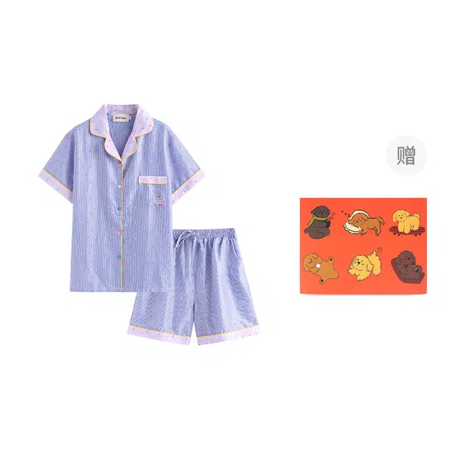 侘町 撞色雪梨彩色提花清新甜美柔软透气亲肤睡衣礼盒 女款