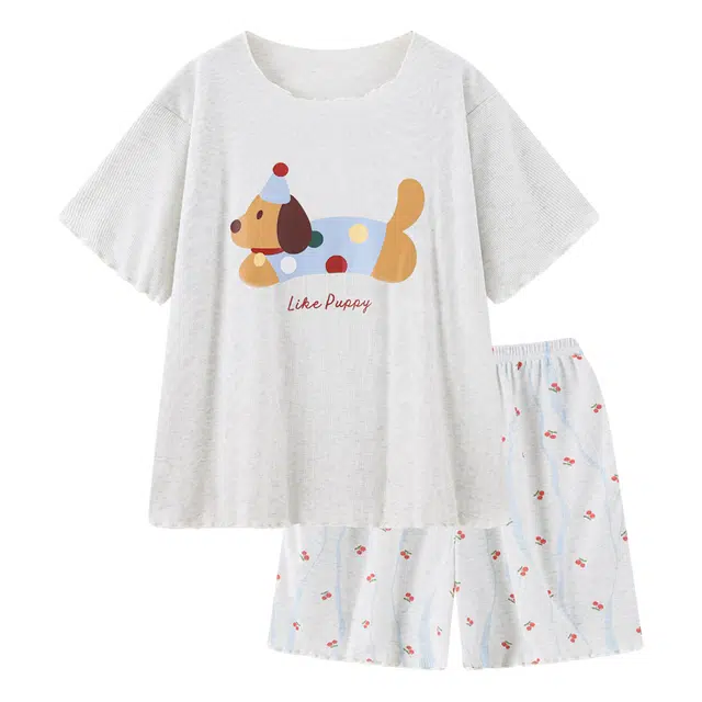 俏韵 圆领薄款腊肠狗短袖三分裤凉感家居服可外穿夏季睡衣套装 女款