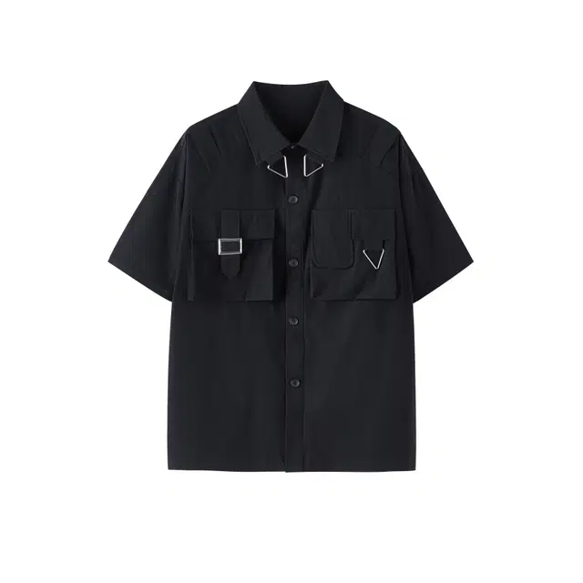 加荣 夏季 大码薄款宽松小众设计感青少年帅气上衣日系复古纯色简约开衫翻领休闲多口袋工装短袖衬衫 男女同款
