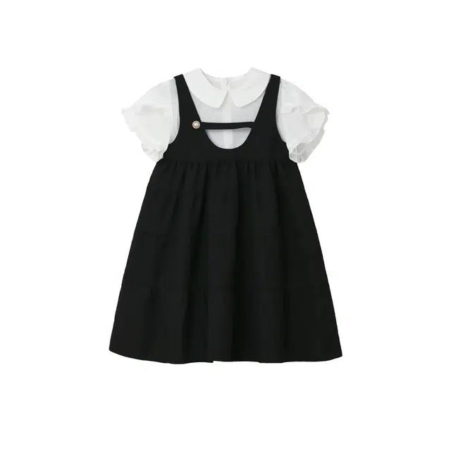 敲模女孩 可爱风娃娃领短袖衬衫初恋甜美法式背带裙裙装套装 女款