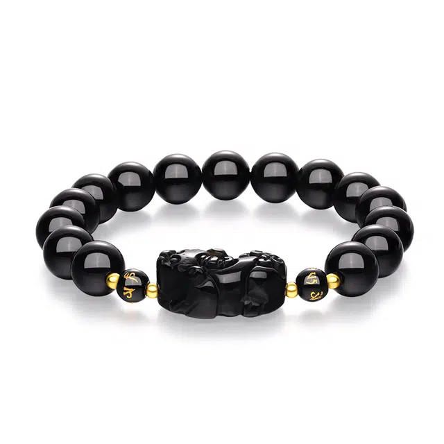 【黑耀貔貅暴富】 金六福吉祥 新中式国潮复古吞金兽六字真言佛珠小众经典设计 高级轻奢吉祥如意转运珠#好运天然 黑曜石 手串 男女同款情侣款