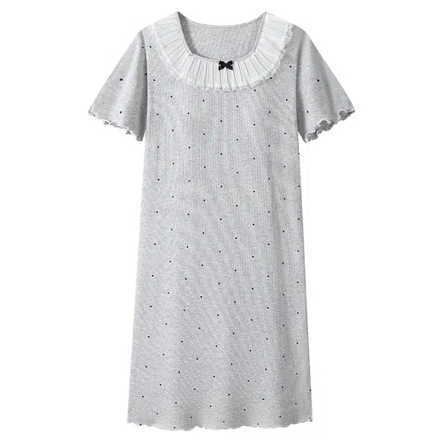 俏韵 可爱蕾丝短袖带胸垫花边波点公主风夏季睡裙 女款