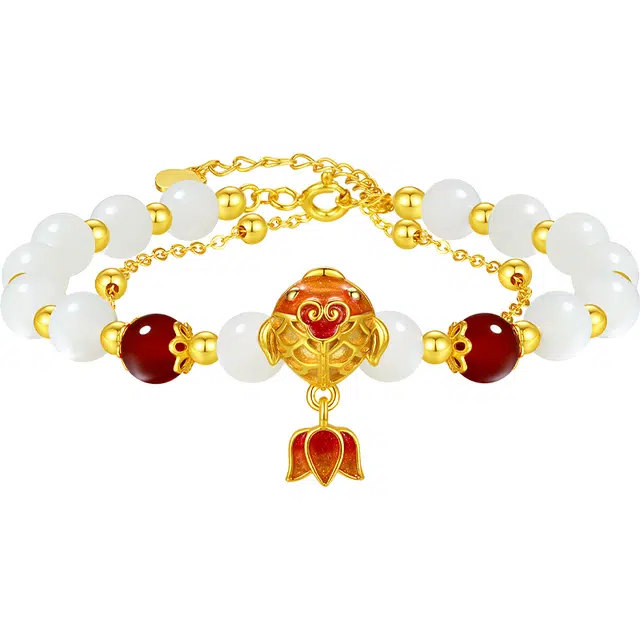 老凤祥 锦鲤莲花 双层新中式国潮小众设计 灵动巧致 精巧细腻 日常通勤百搭#好运 和田玉手串 白玉 女款