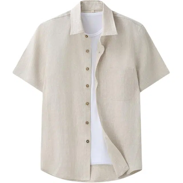 费尔岛上的猫 中国风亚麻翻领夏季男士舒适轻便短袖上衣衬衫 男款