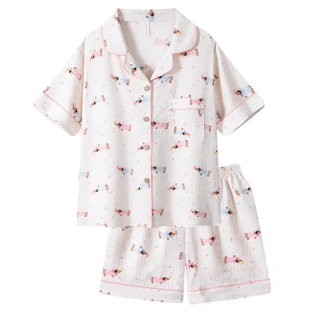 俏韵 薄款小熊带胸垫短袖三分裤卡通可爱翻领家居服夏季睡衣套装 女款