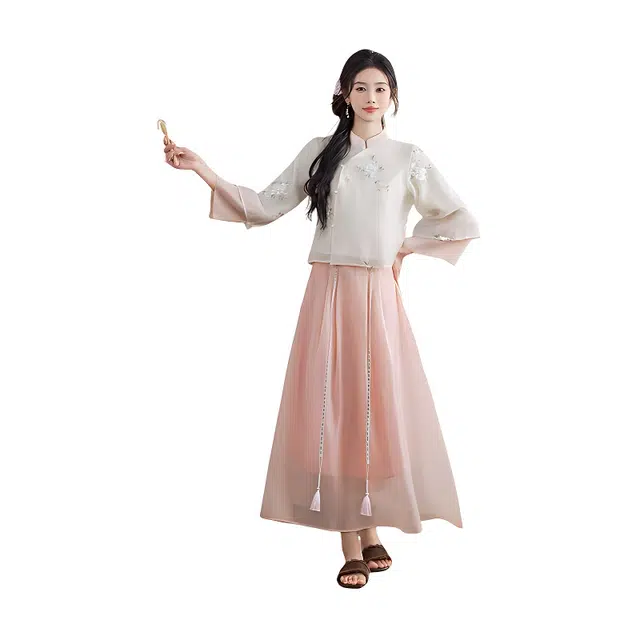 荟萃阁 新中式刺绣斜襟立领复古盘扣七分袖上衣改良民族风半身裙裙装套装 女款