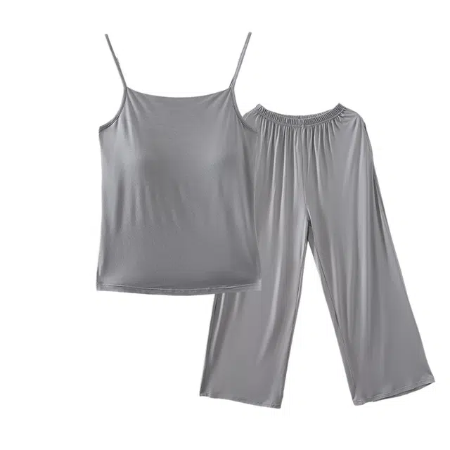 莫代尔 舒适休闲杯垫一体防凸点柔软轻薄透气百搭时尚亲肤细腻无袖长裤家居服春夏秋睡衣套装 女款