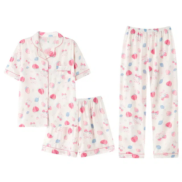 莫代尔 时尚轻盈透气百搭翻领开衫韩版个性舒适柔软亲肤细腻短袖短裤长裤三件套家居服可外穿睡衣套装 女款