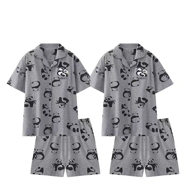俏韵 翻领卡通熊猫高级感短袖凉感薄款家居服可外穿睡衣套装 男女同款