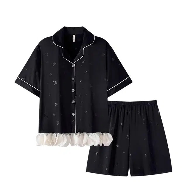 俏韵 翻领冰雪丝蝴蝶印花短袖薄款甜美花边家居服可外穿夏季睡衣套装 女款