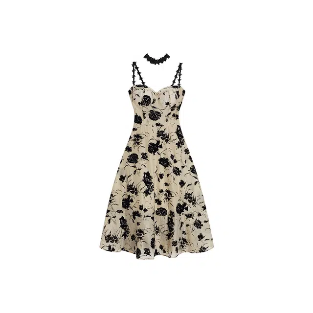 沐晓欣 法式赫本风高级感复古无袖设计时尚优雅露背生日小礼服小众艺术碎花清纯甜辣中长款纯欲风辣妹韩剧约会穿搭潮流吊带连衣裙 女款