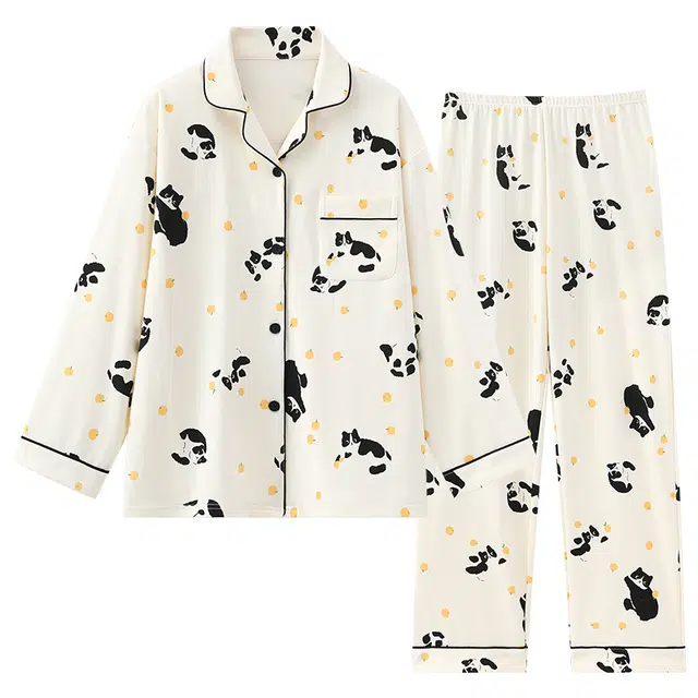 俏韵 简约带胸垫亲肤舒适开衫翻领长袖可爱卡通高级感休闲长裤睡衣套装 女款