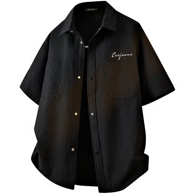 依文 日系学院风简约纯色泡泡格子肌理感设计高级百搭宽松落肩翻领短袖衬衫 男女同款