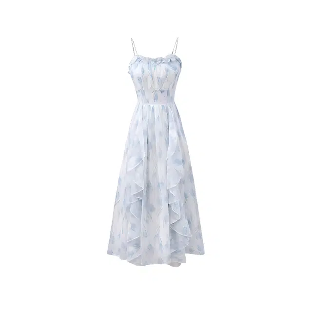 识恩 茶歇法式碎花女仙气海边度假长裙吊带连衣裙 女款