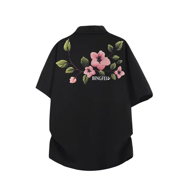 冰飞 高品质基础简约纯色手绘立体仿刺绣植物花卉印花轻薄垂感凉感宽松休闲百搭翻领排扣无性别主义短袖衬衫 男女同款